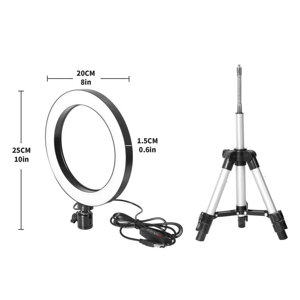 20cm Dimmable светодиодный студийный фотоаппарат кольцо свет фото мобильный телефон видео круглая лампа Штатив для Xiaomi iphone Canon Nikon - Цвет: 20cm
