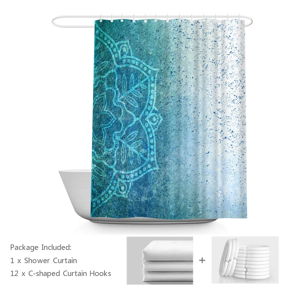

Indian Bohemian Shower Curtain Mandala Flower Fabric Bath Curtain Set Teal Tattoo Style Pastel Toned Bathtub Curtain
