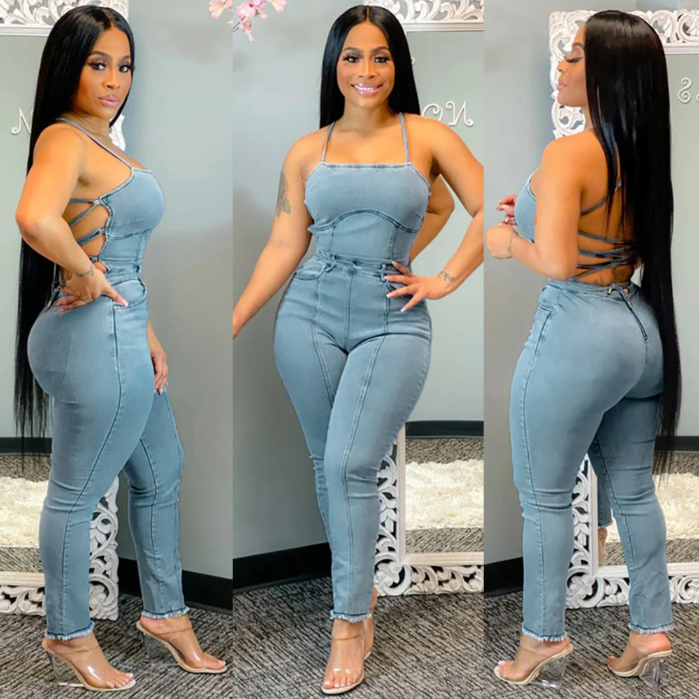 

Женский джинсовый комбинезон без рукавов, с лямкой на шее
