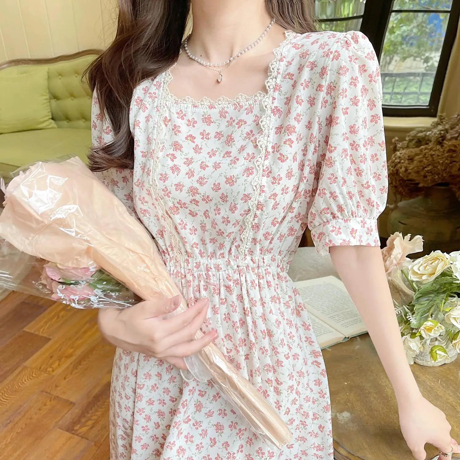 

Make new summer dresses French gentle wind restoring ancient ways tea with collect waist skirt lace dress