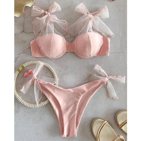 Новинка 2023, сексуальный комплект бикини с низкой талией, однотонный розовый купальник, купальник на бретельках, Женский Бразильский купальный костюм, пляжная одежда из сетчатой пряжи, бикини
