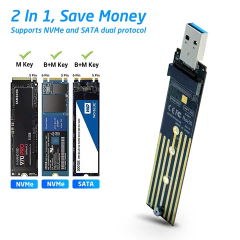 Адаптер M.2-USB, двойной протокол, Φ M.2 NVME PCIe NGFF SATA M2, поддержка карт 2230 2242 2260 2280 NVME/SATA M2 SSD RTL9210B