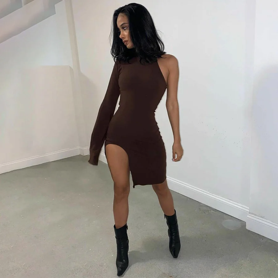 

SHEYIJUN One Shoulder Fashion Split Dresses Women Casual Fall Autumn Long Sleeve Short Dress Party Night Club Dress Bodycon