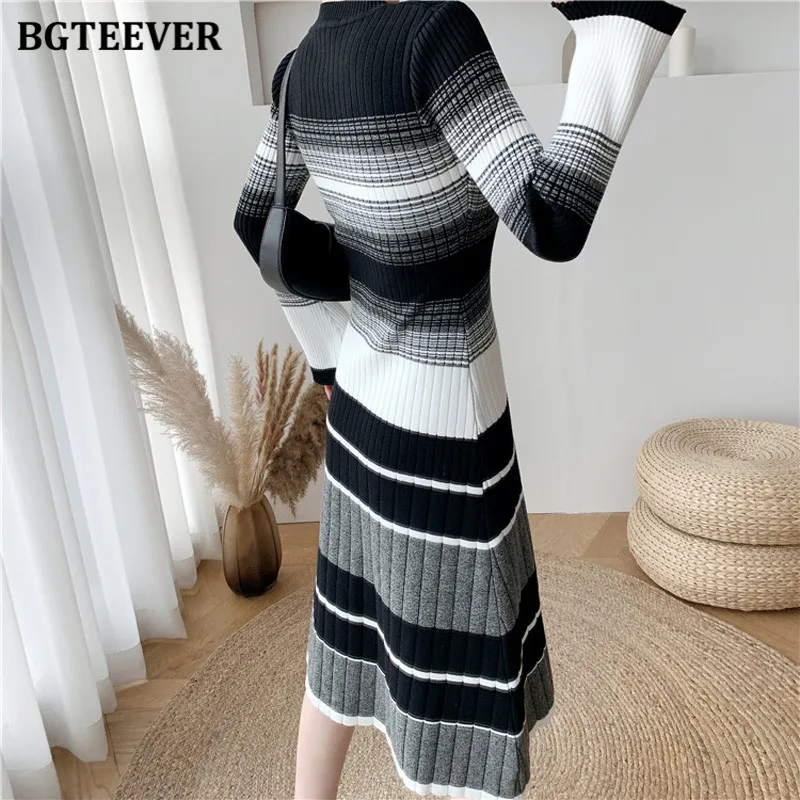 

BGTEEVER Casual O-neck Full Sleeve Patchwork Women Striped Knitted Dress Casual Slim Female A-line Dress Winter Sweater Vestidos