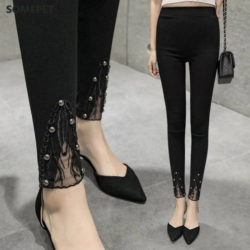 

9XL 10XL Women Pencil Pants Spring Autumn Black High Waist Stretch Plus Size Skinny Casual Lace Pants Pantalones Mujer Moda