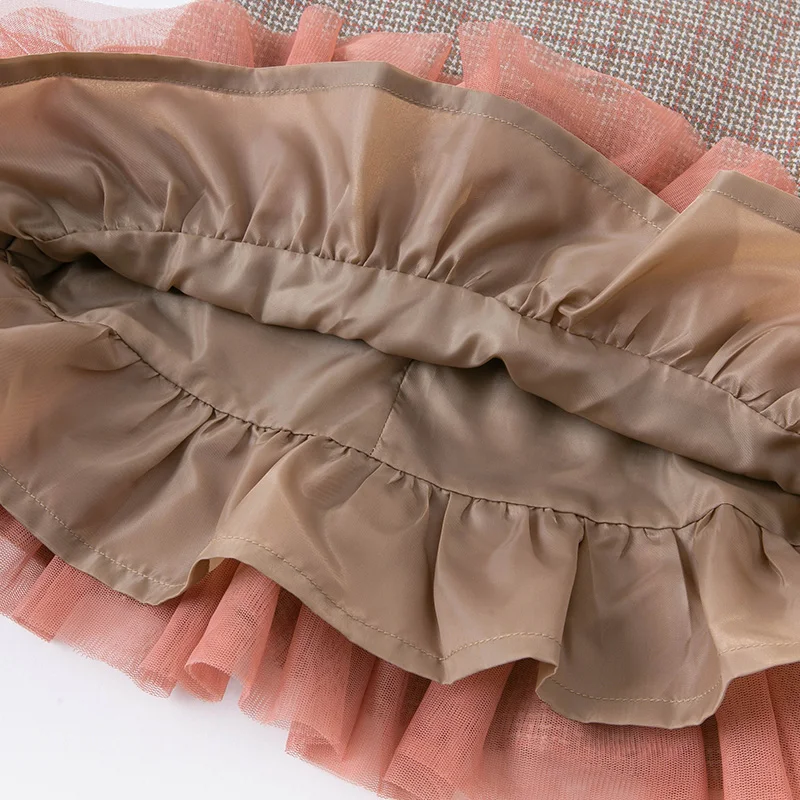 

DKH14195 dave bella autumn girl's fashion letter plaid draped mesh dress children sweet dress kids infant lolita clothes
