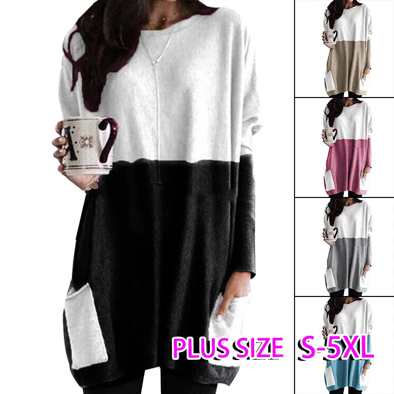 

Футболка женская с круглым вырезом и длинным рукавом, повседневный топ с прострочкой и карманами, хлопковый пуловер средней длины, большие ...