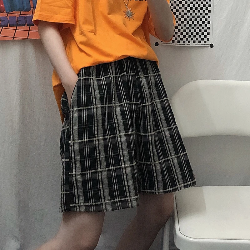 Женские клетчатые шорты до колена с высокой талией и широкими штанинами в стиле