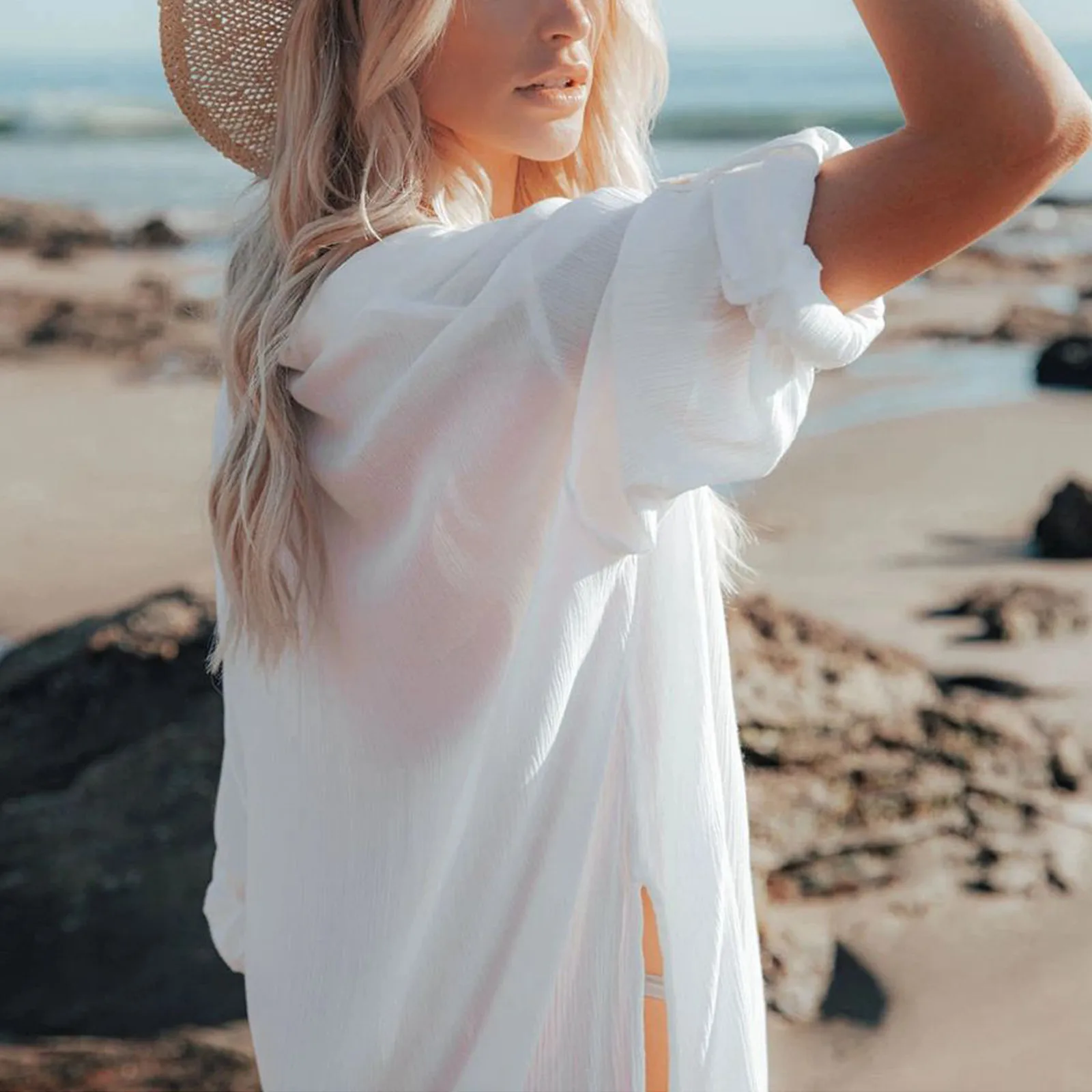 

Women Ice Silk Wrinkled Long-sleeved Shirt Beach Holiday Wind Sunscreen Blouse 2021 Women Blouse V-neck Three Quarter Sleeve