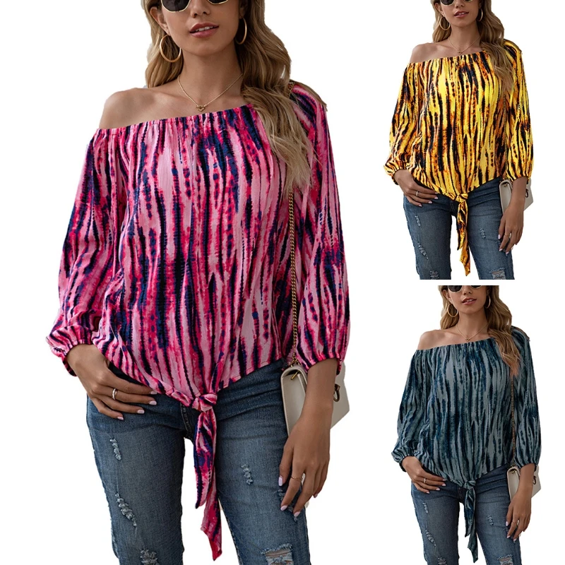 

Women Long Sleeve Color Block T Shirt O-Neck Sexy Drop Shoulder Loose Tunic Tios U90E