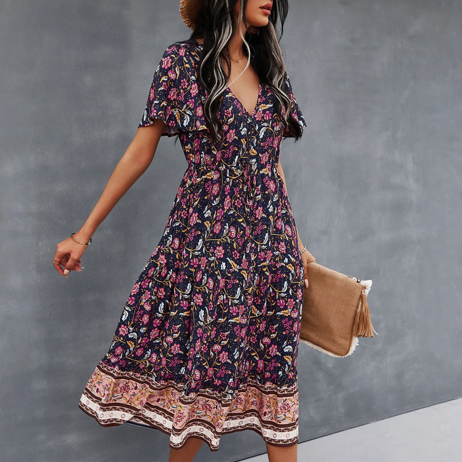 

Women Elegant Dress Loose Summer Vintage Long-Style Ladies Dresses Short Sleeve Floral Long Dress Beach V Neck Female Dresses