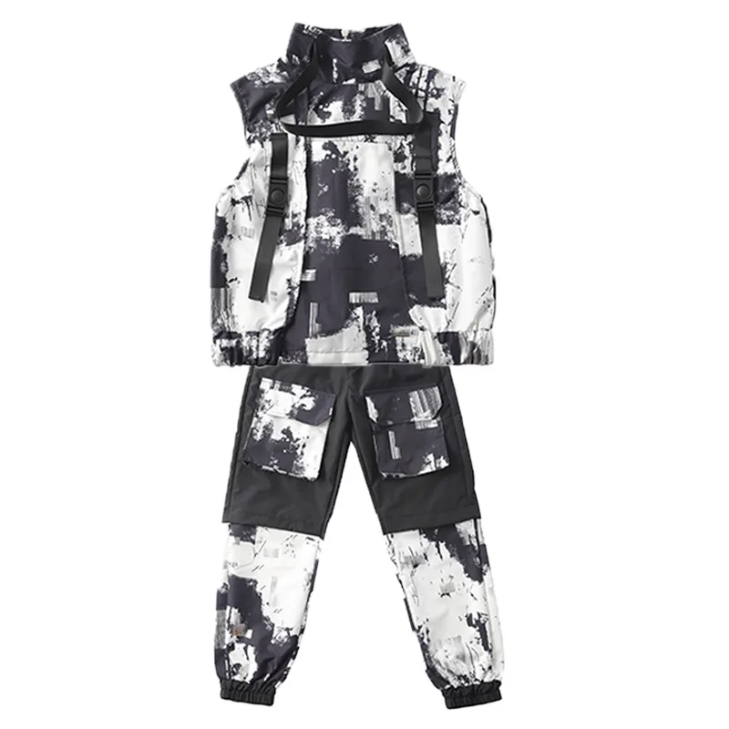 

Hip hop boy's clothes, high collar sleeve less coat, top, tactical camouflage pants, girl's, boy's, dance clothes, street