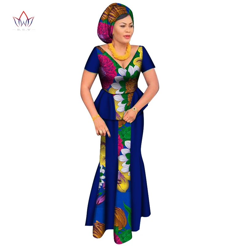 African Short Sleeve Print Tops and Skirt Sets for Women Bazin Riche African Clothing 2 Pieces Customize Skirts Sets WY6435