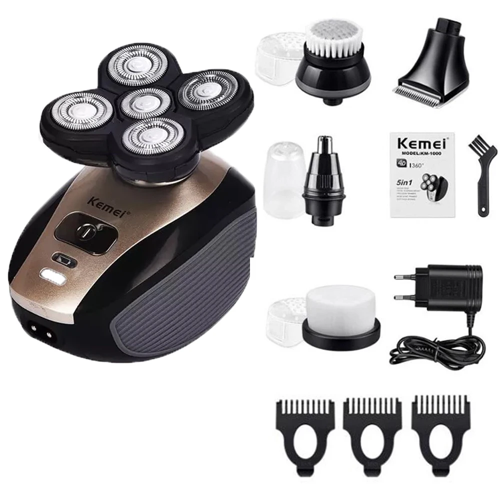 

5 In 1 4D Men's Rechargeable Bald Head Electric Shaver 5 Floating Heads Beard Nose Ear Hair Trimmer Razor Clipper Facial Brush