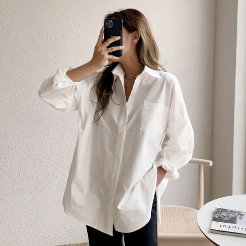 

2021 Korean Clothes Woman's Blouses White Shirt Long Sleeve Lapel Blouse with Pocket Fashion Whtie Blouse Blusas Mujer 13118