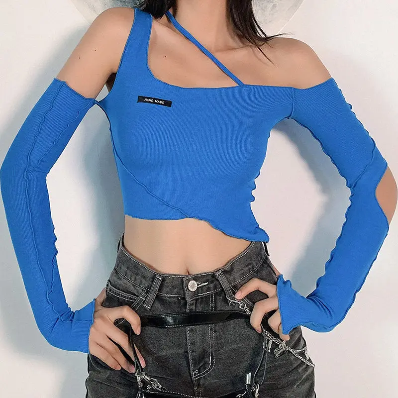 

2021 New Fashion Hot Girl Careful Machine Irregular Design Sense Of Top long-sleeved off-shoulder Blue T-shirt
