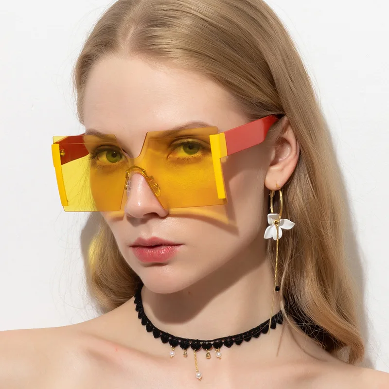

New personality one-piece frameless sunglasses female uv400 yellow gradient lens square shade sunglasses oculos de sol
