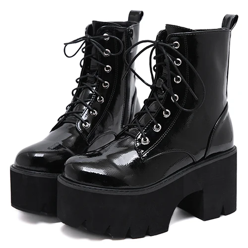 black shoes Gdgydh/женские осенние ботинки на шнуровке; женские ботильоны из лакированной кожи черного цвета на массивной танкетке; Новое поступление года - Цвет: black shoes