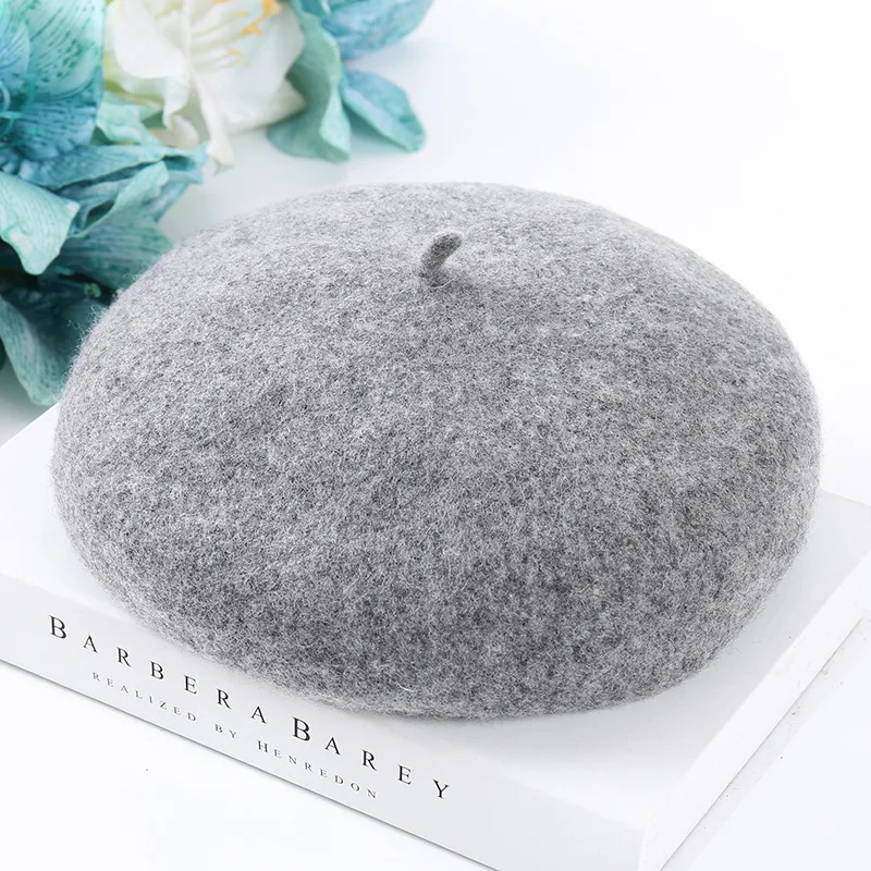 Light gray Шерстяной берет головной убор художника французский стиль шляпа Повседневная однотонная Весенняя зимняя женская шапка Регулируемая 14 цветов - Цвет: Light gray