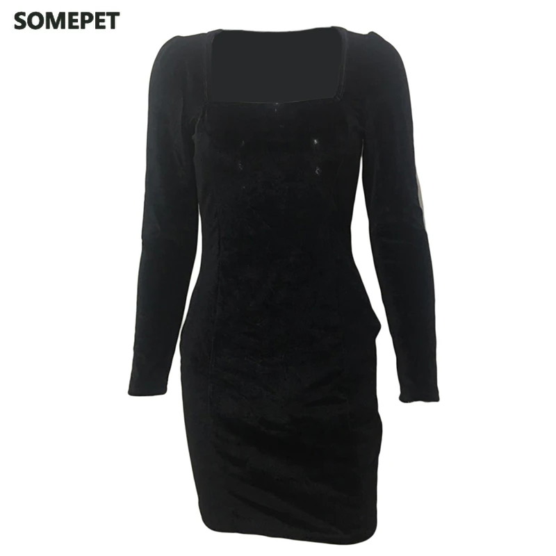

Summer Autumn Sexy Women Velvet Dress Vintage Square Collar Long Sleeve Mini Dress Elegant Bodycon Party Dress
