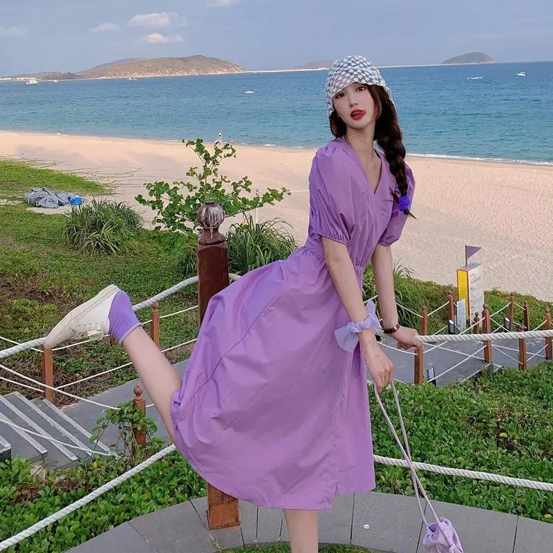 

Summer girl's fashion plus size french style purple hubble-bubble sleeve v-neck dress women's large size Bellflower dress