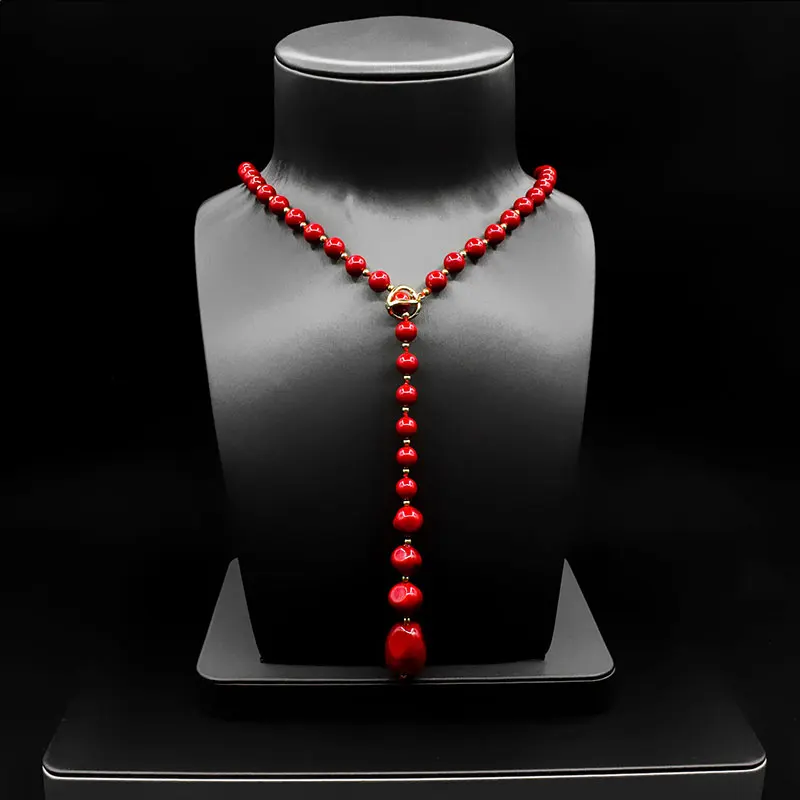 

HUAMI Luxury Wool Sweate Chain Necklace Shell Pearl With Red Color Top Quality Fashion Fine Jewelry Necklaces for Women