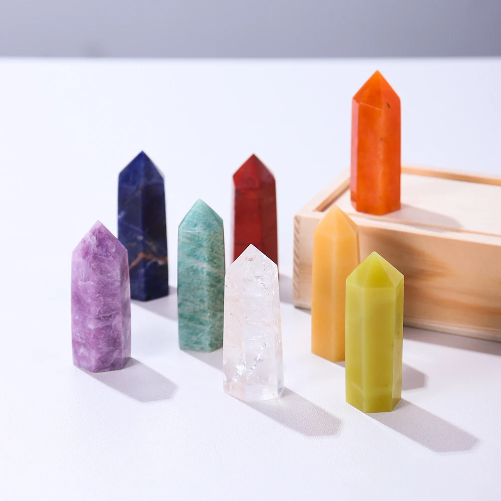 8Pcs/set Crystals Chakra Array Amazonite Stone Points Natural Quartz Hexagonal Prism Healing Wand Wooden Gift Box - купить по