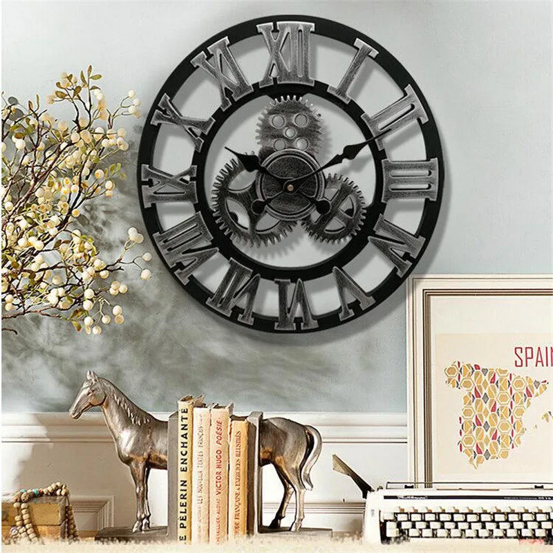 Retro industrial wind gear vintage wood Wall clock European style living room large classic golden roman numeral home clocks images - 6