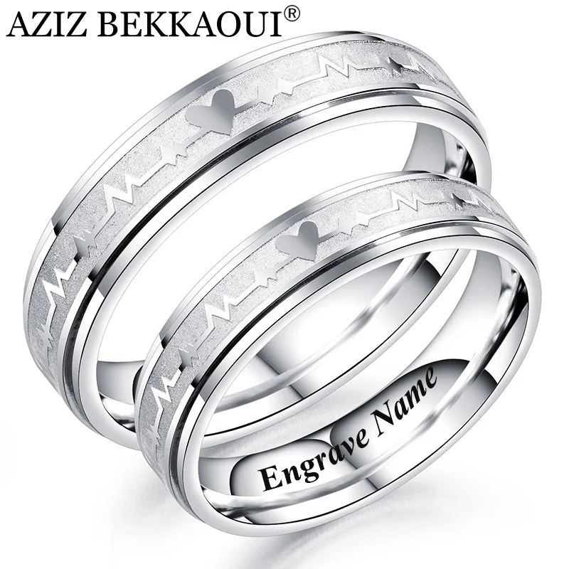 

AZIZ BEKKAOUI Engrave Name Couple Rings Stainless Steel Ring Heartbeat Medical Symbol Engagement Wedding Band Dropshipping