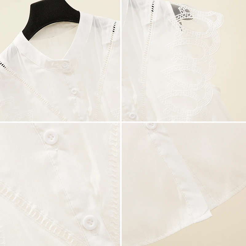 

Plus Size 2021 Summer Shirt Chiffon Lace Stitching Lace Short Sleeve Tops for Women Casual Female Clothing Tops Blusas 14210
