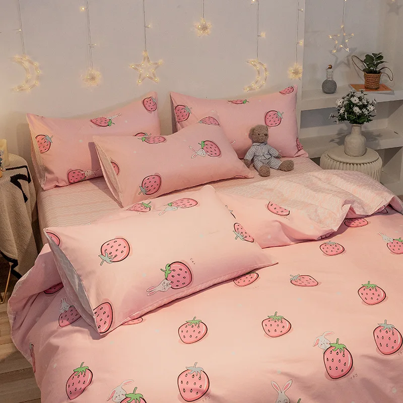 

4 шт. розовый Клубника Kawaii набор пододеяльников Роскошный Королевский Размер простыни детское одеяло мягкое одеяло хлопковое постельное бе...