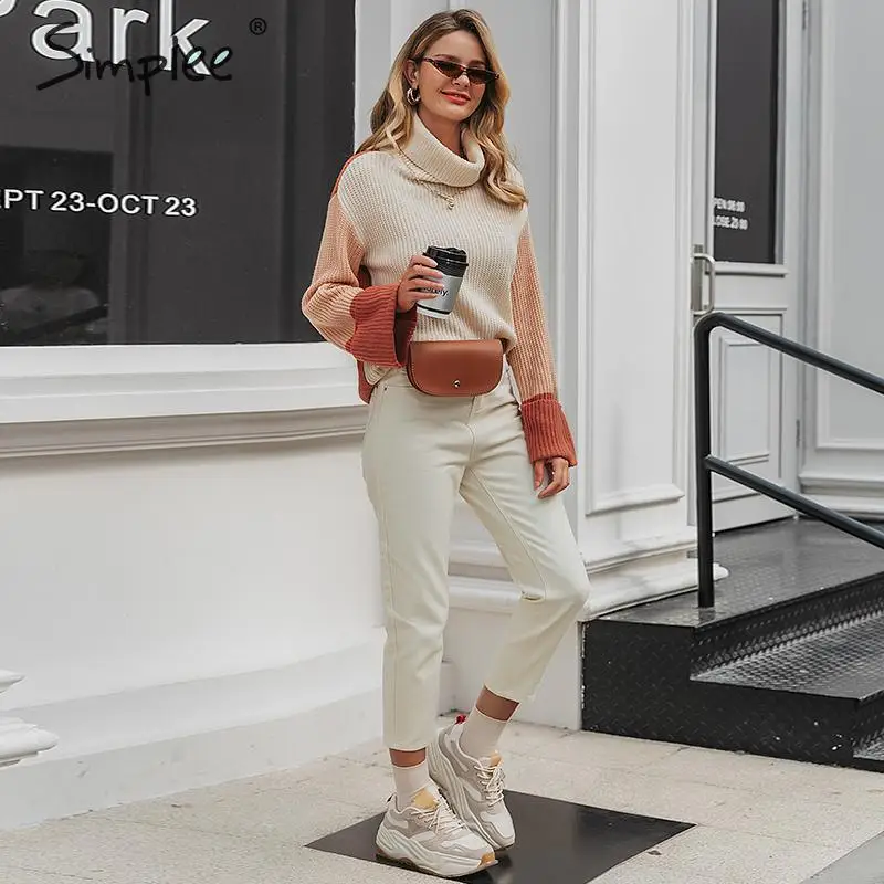 Simplee Turtleneck women knitted pullover sweater Long sleeve female jumper Autumn winter streetwear oversize ladies overalls | Женская