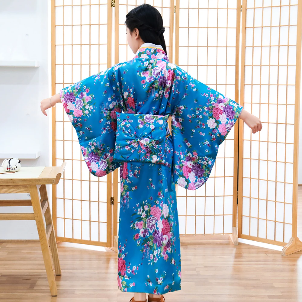 Print Flower Children Japanese Traditional Evening Party Prom Dress Performace Clothing Kimono Bathrobe Gown Full Sleeve Gown