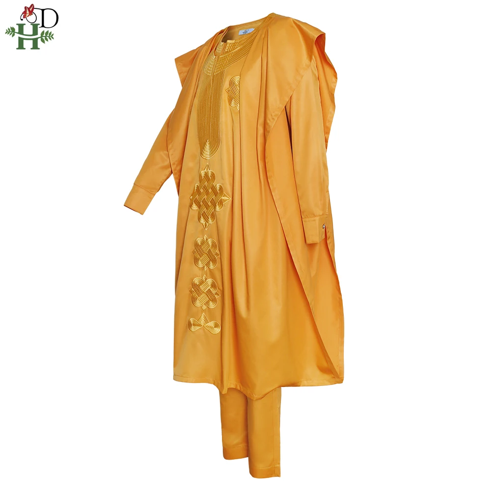 H&D 2022 New African Mens Clothing Agbada Outfit Kaftan Wear 3 Pieces Set for Man Long Sleeves Shirt Ankara Pant Boubou Suit