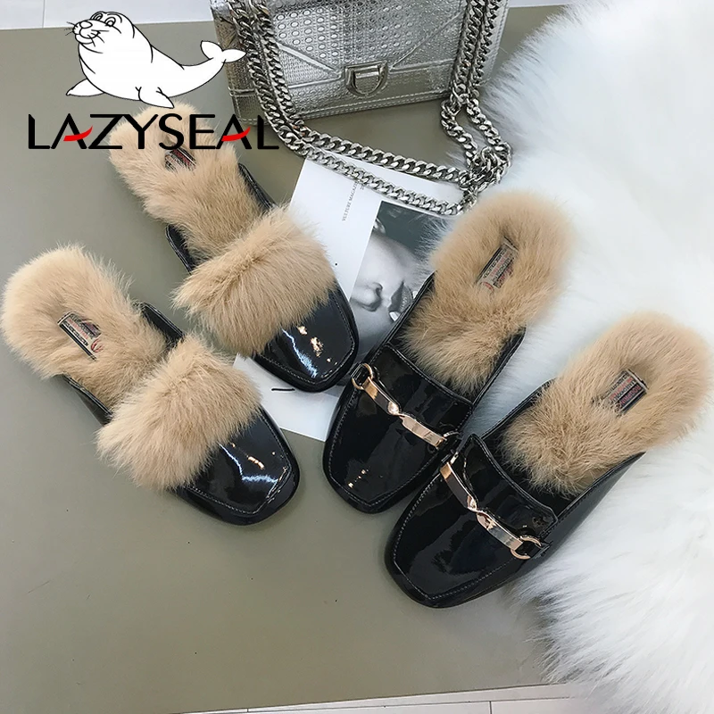 LazySeal женские шлепанцы на натуральном меху тапочки с квадратным носом пушистые