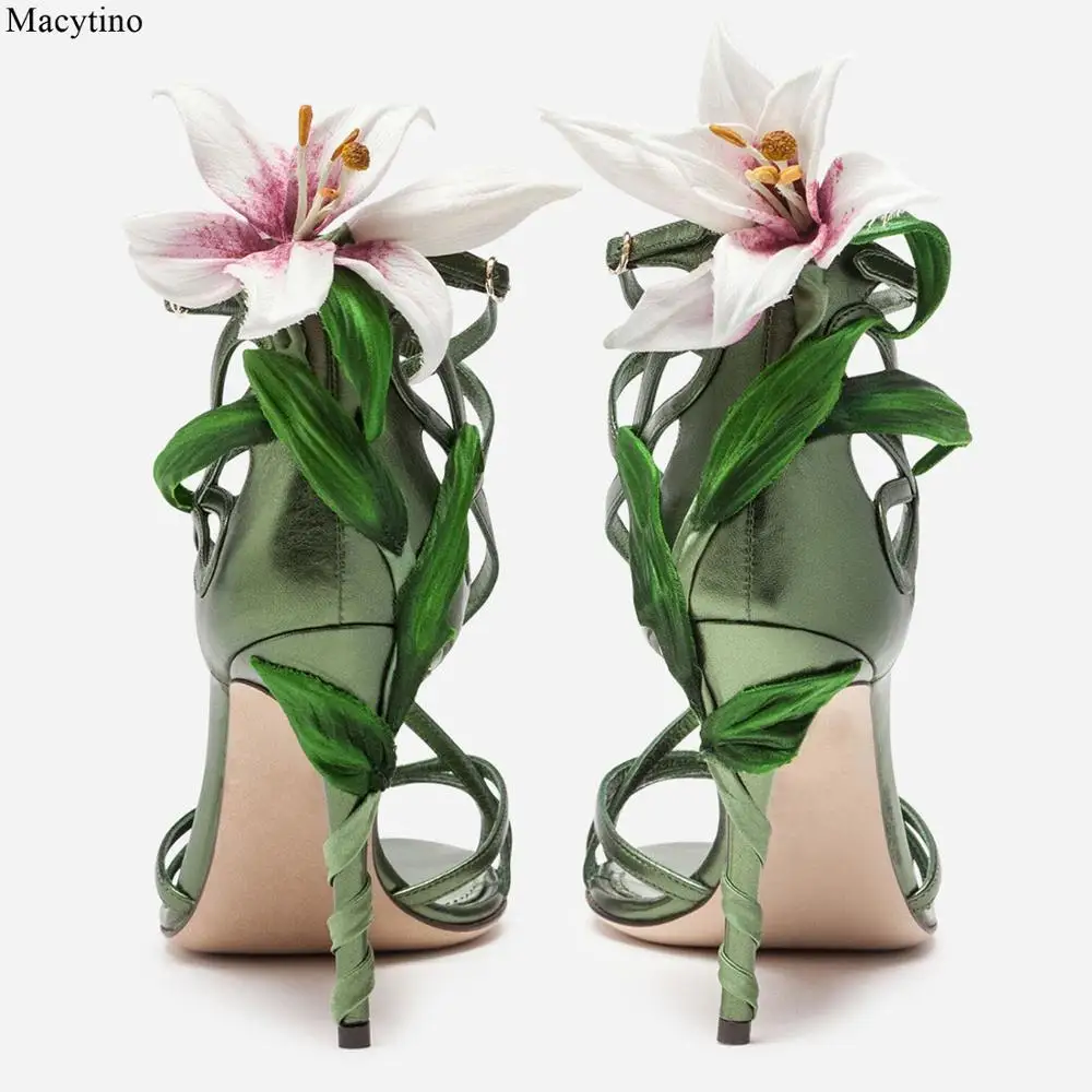 Женские летние цветочные сандалии украшенные высокие каблуки с перекрестными