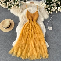 2022 spring summer new women crochet knitted fashion strap dress vintage floral a line layered ruffle mesh gauze holiday dresses