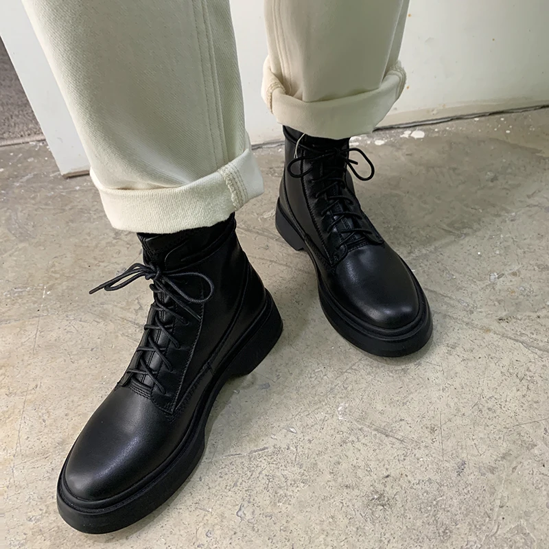Harga 2020 Musim Semi Dan Musim Gugur Baru Kepala Bulat All-Match Kulit Sepatu Bot Pendek Fashion Martin Boots Wanita Renda Depan-lebih Tinggi Wanita Sepatu X458