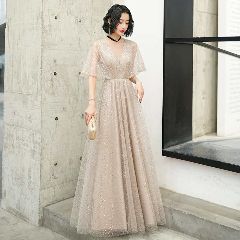 

Half Sleeve V-Neck Sequins Evening Dresses Long Illusion Princess Evening Gown A-Line Backless Formal Dress Vestidos De Fiesta