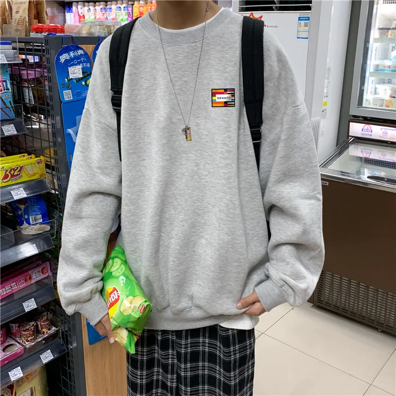 Зимняя толстовка с круглым вырезом начесом Мужская модная свободная