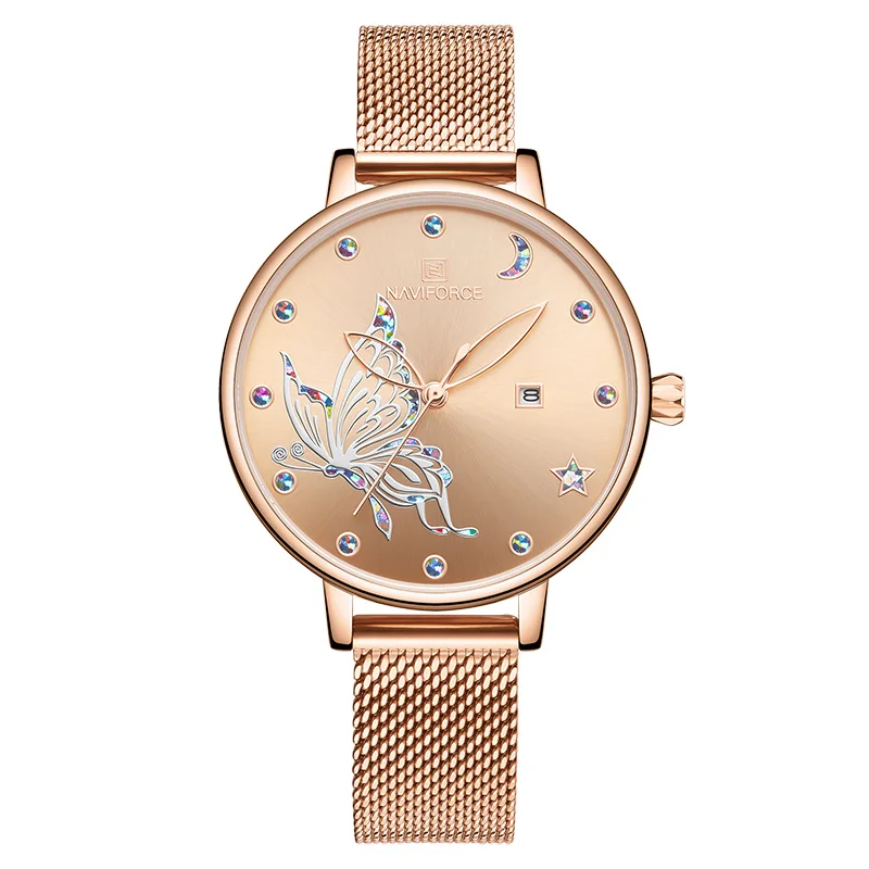 Rose Gold NAVIFORCE роскошные часы с кристаллами для женщин Топ бренд розовое золото сталь сетка женские наручные часы браслет девушка часы Relogio Feminino - Color: Rose Gold