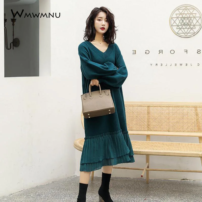 Плиссированное шифоновое платье свитер с подолом в стиле пэчворк Новинка весна