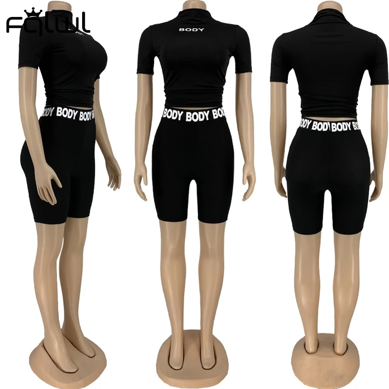 FQLWL лето черного цвета с буквенным принтом Bodycon 2 шт. комплекты из двух предметов