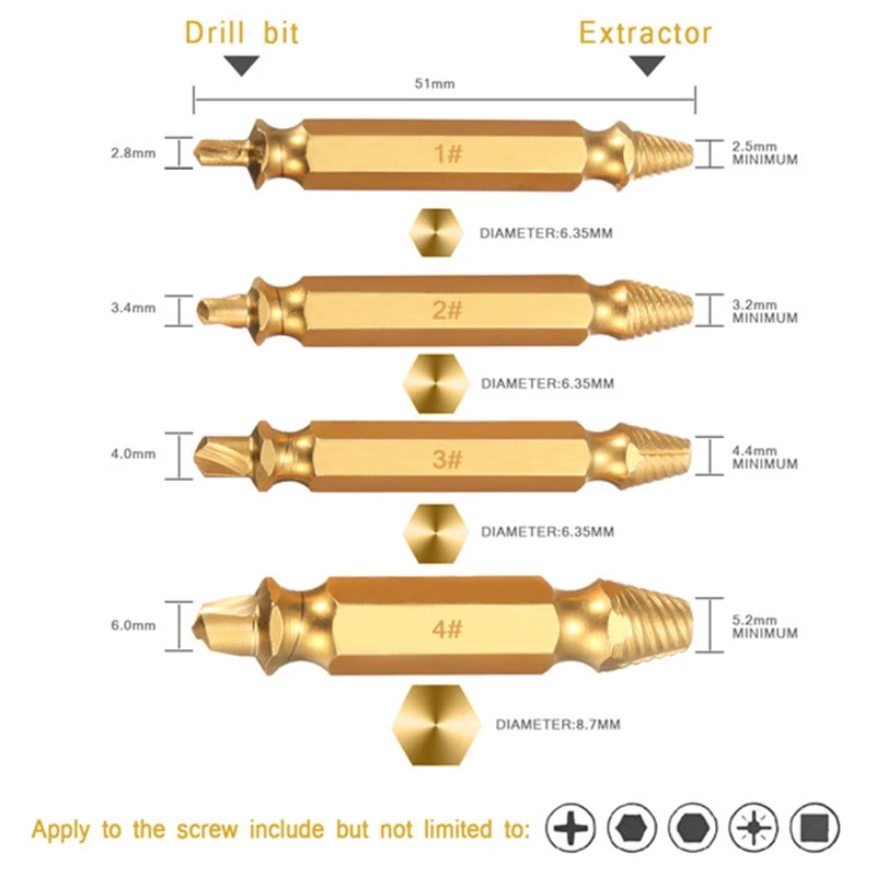 Drillpro, 4 шт., золотые поврежденные винтовые сверла для извлечения, набор направляющих, скорость вырыва, легко снимается, болт, шпилька, инструмент для удаления винтов