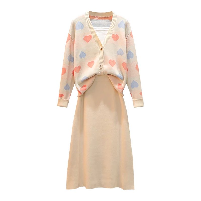 

2020 New Autumn Winter Womans V-necked Cardigan Knitted Coat + High-waisted Skirt Two Piece Girl Ladies Skirts Set Outfits