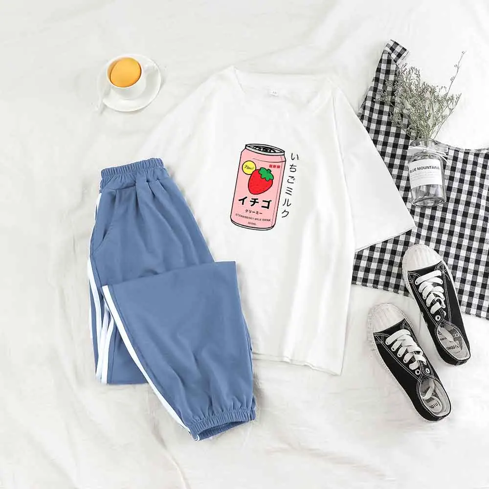

Tops and Pants Women Set Woman 2 Pieces Milk Strawberry Trousers Hip Hop T Shirt Streetwear Sweatpants for Teen Girls Casual Set