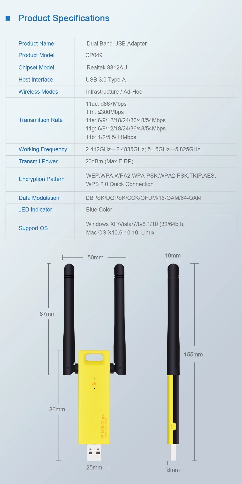 1200 Мбит/с USB wifi приемник ключ USB3.0 сетевой беспроводной адаптер для карты 2,4 г/5 ГГц двухдиапазонный для ПК с Linux, Windows, MacOS