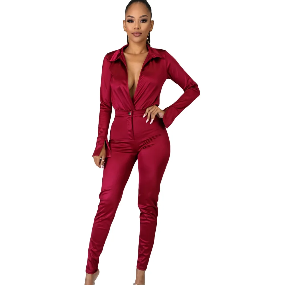 

Elastic Waist Solid Two Piece Sets Women Tracksuit V-neck Long Sleeve Bodysuit+biker Pencil Trousers Female Outfit Matching Suit
