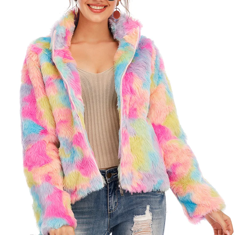 Многоцветное пальто из искусственного меха для женщин зимняя толстая верхняя