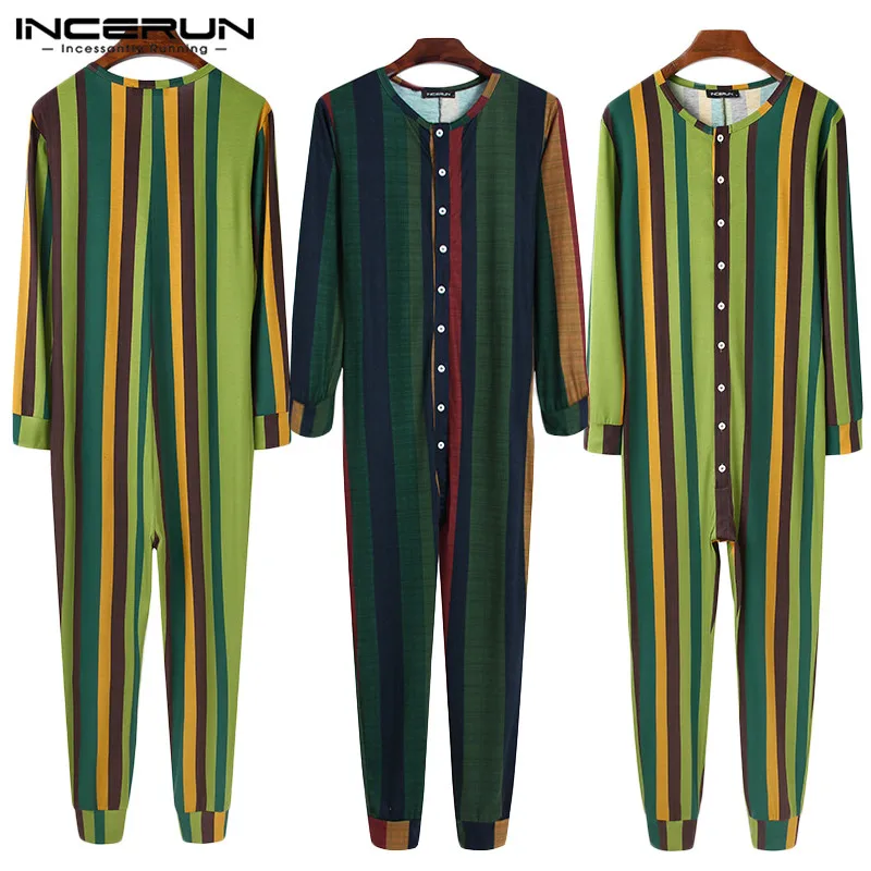 INCERUN Men Pajamas Jumpsuit Homewear Solid Color Long Sleeve Comfortable Button Leisure Sleepwear Men Rompers Nightwear S-5XL
